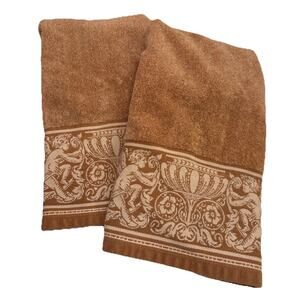 2 Vintage Hampton Manor Victorian Cherubs Angels Brown Hand Towels 100% Cotton